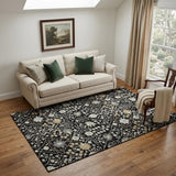 5' X 8' Black Gold And Ivory Oriental Washable Area Rug With UV Protection