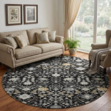 8' Black Gold And Ivory Oriental Washable Round Rug With UV Protection