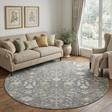 8' Charcoal Ivory And Gold Oriental Washable Round Rug With UV Protection