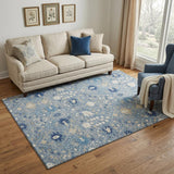 5' X 8' Denim Blue Beige And Ivory Oriental Washable Area Rug With UV Protection