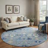 8' Denim Blue Beige And Ivory Oriental Washable Round Rug With UV Protection