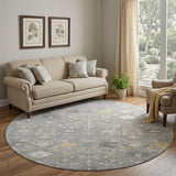 8' Gray Ivory And Beige Oriental Washable Round Rug With UV Protection
