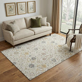 5' X 8' Ivory Beige And Gray Oriental Washable Area Rug With UV Protection