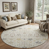 8' Ivory Beige And Gray Oriental Washable Round Rug With UV Protection