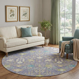 8' Lavender Beige And Blue Oriental Washable Round Rug With UV Protection