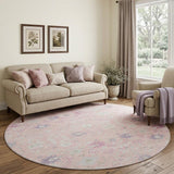8' Pink Silver And Lavender Oriental Washable Round Rug With UV Protection