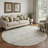 8' Silver Gold And Gray Oriental Washable Round Rug With UV Protection