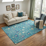 5' X 8' Teal Purple And Ivory Oriental Washable Area Rug With UV Protection