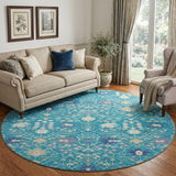 8' Teal Purple And Ivory Oriental Washable Round Rug With UV Protection