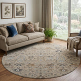8' Taupe Gray And Brown Oriental Washable Round Rug With UV Protection