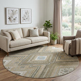 8' Beige Ivory And Gray Tribal Washable Round Rug With UV Protection