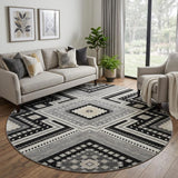 8' Black Gray And Silver Tribal Washable Round Rug With UV Protection