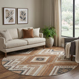 8' Copper Beige And Gray Tribal Washable Round Rug With UV Protection