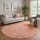 8' Coral Pink And Ivory Tribal Washable Round Rug With UV Protection