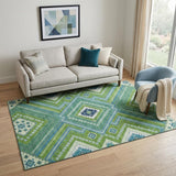 5' X 8' Lime Green Teal And Ivory Tribal Washable Area Rug With UV Protection