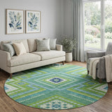8' Lime Green Teal And Ivory Tribal Washable Round Rug With UV Protection
