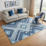 5' X 8' Navy Blue And Ivory Tribal Washable Area Rug With UV Protection
