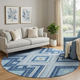 8' Navy Blue And Ivory Tribal Washable Round Rug With UV Protection