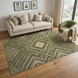 5' X 8' Olive Green Ivory And Brown Tribal Washable Area Rug With UV Protection