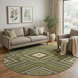 8' Olive Green Ivory And Brown Tribal Washable Round Rug With UV Protection