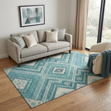 5' X 8' Teal Beige And Aqua Tribal Washable Area Rug With UV Protection