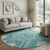8' Teal Beige And Aqua Tribal Washable Round Rug With UV Protection