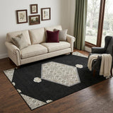 5' X 8' Black Ivory And Gold Oriental Washable Area Rug With UV Protection