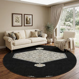 8' Black Ivory And Gold Oriental Washable Round Rug With UV Protection
