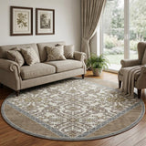 8' Brown Beige And Gray Oriental Washable Round Rug With UV Protection