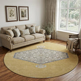 8' Gold Ivory And Gray Oriental Washable Round Rug With UV Protection