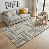 5' X 8' Beige Ivory And Gold Geometric Washable Area Rug With UV Protection
