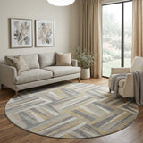 8' Beige Ivory And Gold Geometric Washable Round Rug With UV Protection
