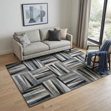 5' X 8' Black Beige And Ivory Geometric Washable Area Rug With UV Protection