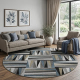 8' Black Beige And Ivory Geometric Washable Round Rug With UV Protection