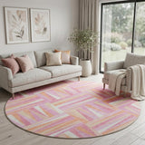 8' Blush Peach And Ivory Geometric Washable Round Rug With UV Protection
