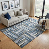 5' X 8' Denim Blue Ivory And Taupe Geometric Washable Area Rug With UV Protection
