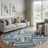 8' Denim Blue Ivory And Taupe Geometric Washable Round Rug With UV Protection