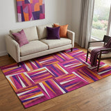 5' X 8' Burgundy Purple And Orange Geometric Washable Area Rug With UV Protection
