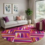 8' Burgundy Purple And Orange Geometric Washable Round Rug With UV Protection