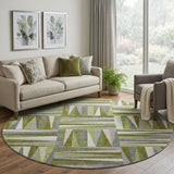 8' Green Ivory And Gray Geometric Washable Round Rug With UV Protection