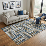 5' X 8' Navy Blue Brown And Ivory Geometric Washable Area Rug With UV Protection