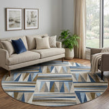 8' Navy Blue Brown And Ivory Geometric Washable Round Rug With UV Protection