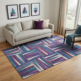 5' X 8' Purple Ivory And Blue Geometric Washable Area Rug With UV Protection