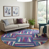 8' Purple Ivory And Blue Geometric Washable Round Rug With UV Protection