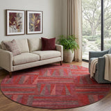 8' Red And Burgundy Geometric Washable Round Rug With UV Protection