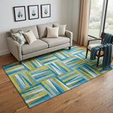 5' X 8' Teal Green And Ivory Geometric Washable Area Rug With UV Protection