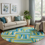 8' Teal Green And Ivory Geometric Washable Round Rug With UV Protection