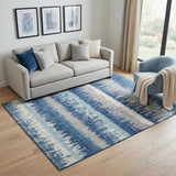 5' X 8' Blue Ivory And Gray Striped Washable Area Rug With UV Protection