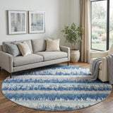8' Blue Ivory And Gray Striped Washable Round Rug With UV Protection