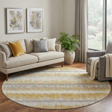 8' Gold Gray And Ivory Striped Washable Round Rug With UV Protection